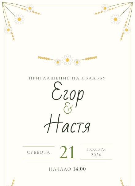 Приглашение без фото, дизайн «Ромашки»